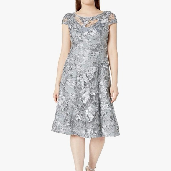 Alex Evening Silver‎ Embroidered Sequins Flare Party Wedding Guest Dress Size 16 - Picture 1 of 12